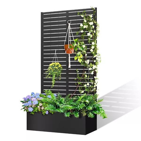 TOAOTBNBO Outdoor Planter Box with Square-Hole Trellis, Metal Raised Garden Bed for Climbing Plants, Galvanized Garden Box with Drainage Holes