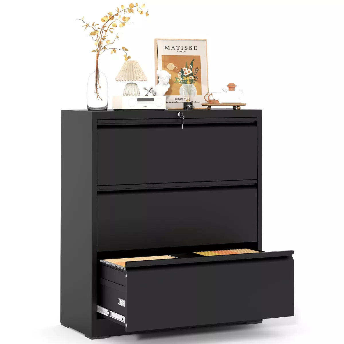 Munora - 3-Drawer Lateral File Cabinet with Lock - Wide Storage for Letter/Legal/A4 Files - Black