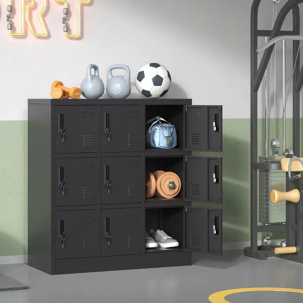 Munora - 9-Door Metal Employee Storage Locker with Locks - Steel Gym Lockers for Office/School - Black