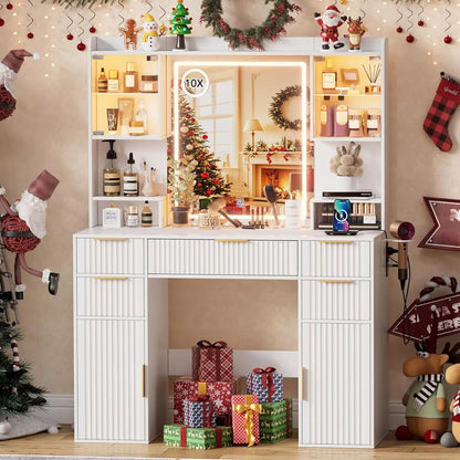 PAKASEPT Vanity Desk with Mirror and 3 Color Lights, Fluted Makeup Vanity Desk with Glass Top, with RGB Cabinet, 2 Shelves & 5 Drawers & Power Outlet