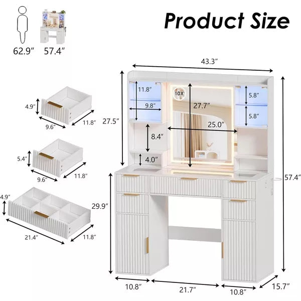 PAKASEPT Vanity Desk with Mirror and 3 Color Lights, Fluted Makeup Vanity Desk with Glass Top, with RGB Cabinet, 2 Shelves & 5 Drawers & Power Outlet