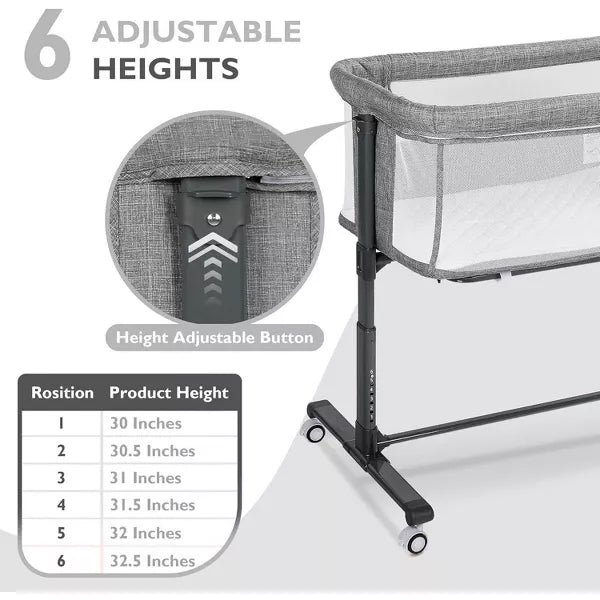 Kinder King Baby Bassinet 2 in 1 Bedside Sleeper,Folding Portable w/Storage Basket All-Sided Mesh 6 Adjustable Height Comfy Mattress