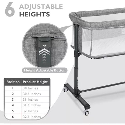 Kinder King Baby Bassinet 2 in 1 Bedside Sleeper,Folding Portable w/Storage Basket All-Sided Mesh 6 Adjustable Height Comfy Mattress