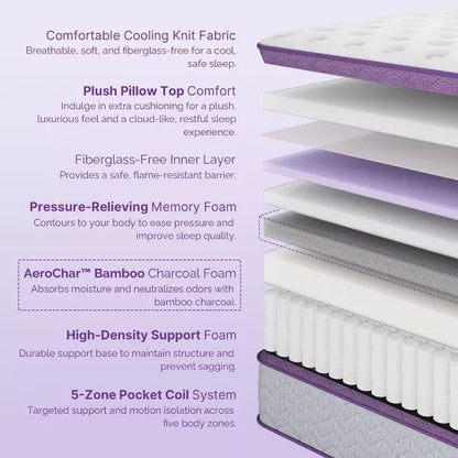 Sersper 12 Inch Pillow Top Hybrid Mattress - 5-Zone Pocket Innersprings, Motion Isolation, Heavier Coils