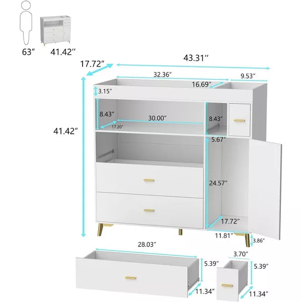 PAKASEPT Changing Table with Drawers, Changing Table Dresser with 5 Drawer & Cabinet