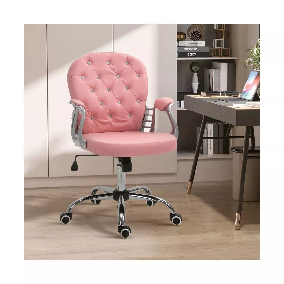 Resenkos Home Office Chair Computer Chair,Pu Leather Home Office Chair, Button Tufted Desk Chair With Padded Armrests, Height And Swivel Wheels, Pink