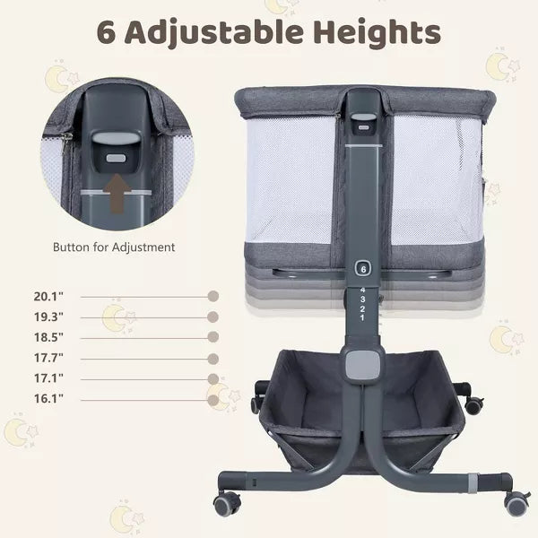 Kinder King Baby Bassinet with Wheels Easy Folding Portable All-Sided Mesh Adjustable Height Comfy Mattress & Carry Bag, Grey