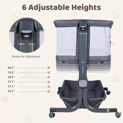 Kinder King Baby Bassinet with Wheels Easy Folding Portable All-Sided Mesh Adjustable Height Comfy Mattress & Carry Bag, Grey