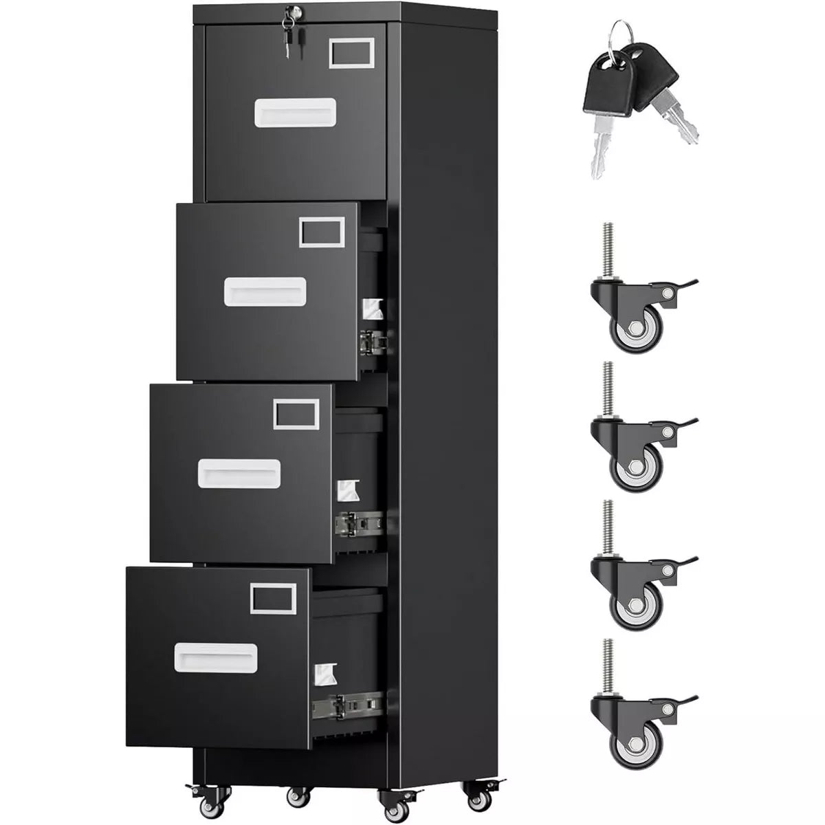 AOBABO Metal File Storage Cabinet With 4 Drawer And Lock,File Cabinet With Name Card Holder For A4 Letter/legal Size, Assembly Required, Black