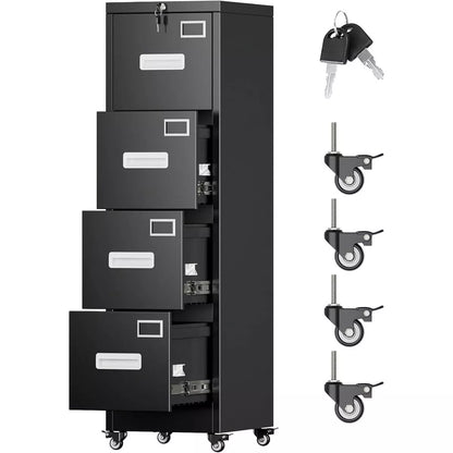 AOBABO Metal File Storage Cabinet With 4 Drawer And Lock,File Cabinet With Name Card Holder For A4 Letter/legal Size, Assembly Required, Black