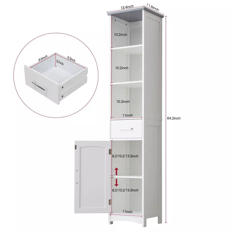 VANIRROR Narrow Linen Cabinet, Slim Storage Cabinet with Door & Drawer, Bathroom Floor Cabinet with Adjustable Shelves, Gray