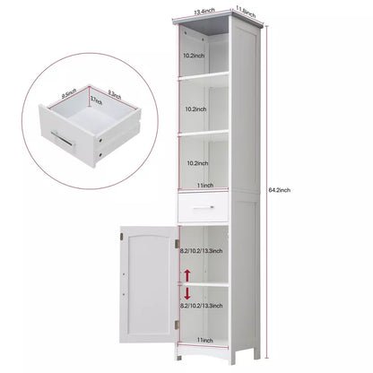 VANIRROR Narrow Linen Cabinet, Slim Storage Cabinet with Door & Drawer, Bathroom Floor Cabinet with Adjustable Shelves, Gray