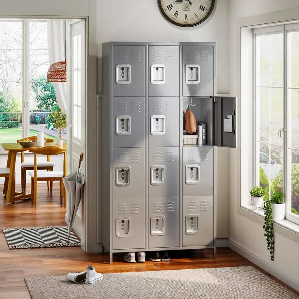 AOBABO 12 Doors Metal Storage Locker for Employees, Storage Locker with 12 Hooks for School Office Gym Bedroom, Black, Assembly Required