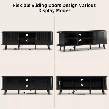 Gikpal 59" TV Stand, Fluted TV Stand for TVs up to 65", Entertainment Center with Storage Compartment and Sliding Doors, Power Outlet, Living room