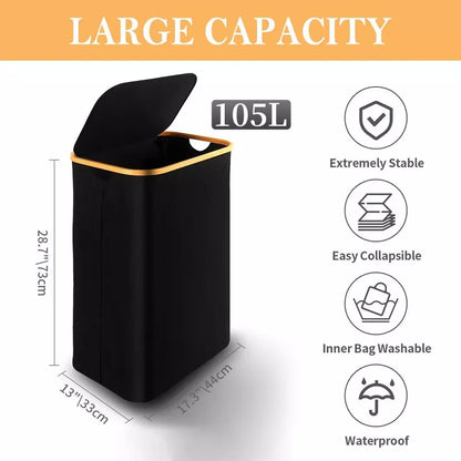 BestParts 105L Waterproof Collapsible Laundry Hamper with Lid & Bamboo Handles, Removable Bag, Black