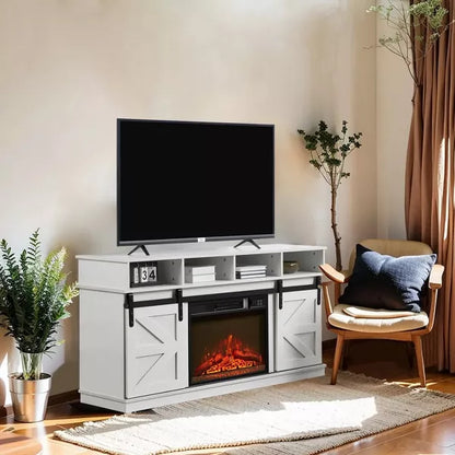 Wooakway 58"L 29.4"H 15.4"D Electric Fireplace TV Stand Console with Barn Door Design Overheating Protection Closed Storage Cabinet for TVs up to 65"