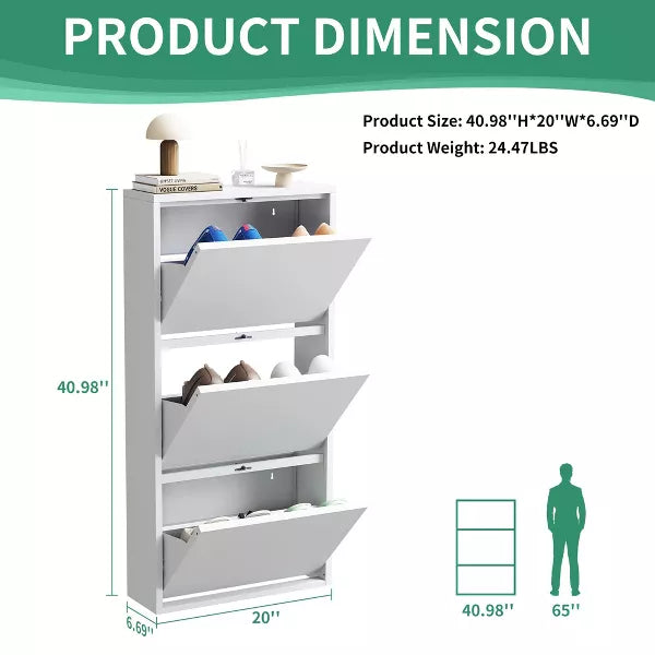 Munora - 3 Flip-Drawer Wall-Mounted Shoe Cabinet - Slim Narrow Shoe Storage for Entryway/Hallway - White
