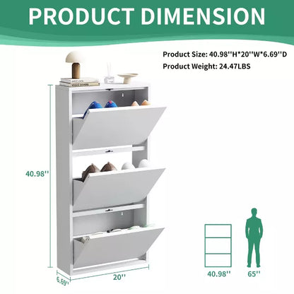 Munora - 3 Flip-Drawer Wall-Mounted Shoe Cabinet - Slim Narrow Shoe Storage for Entryway/Hallway - White