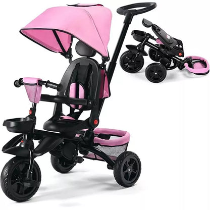 Kinder King 7 in 1 Kids Baby Stroller Tricycle Folding Toddler Trike w Adjustable Push Handle