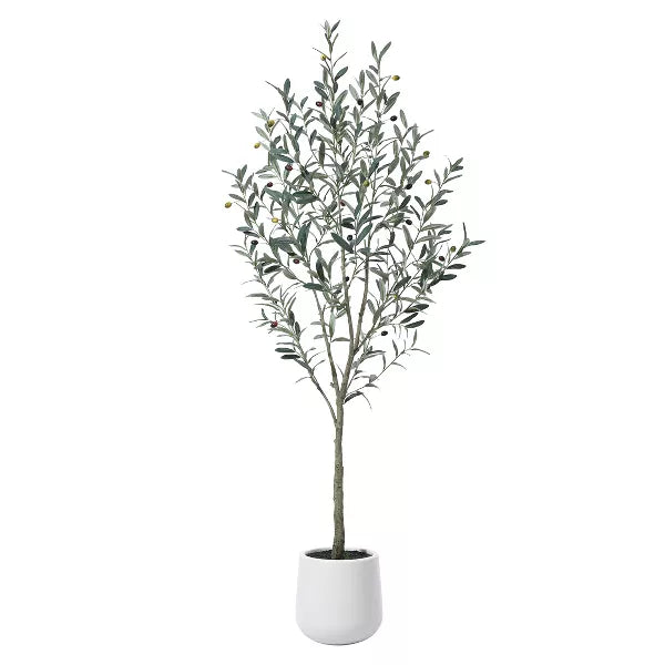 DR.Planzen 5-7FT Faux Olive Tree with Oval White Planter, Pre Potted Fake Greenry Olive Tree for Home Decor