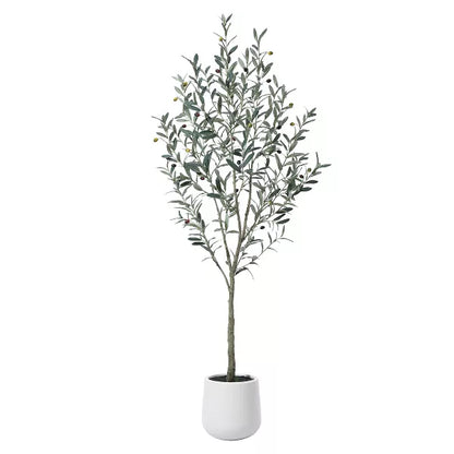 DR.Planzen 5-7FT Faux Olive Tree with Oval White Planter, Pre Potted Fake Greenry Olive Tree for Home Decor