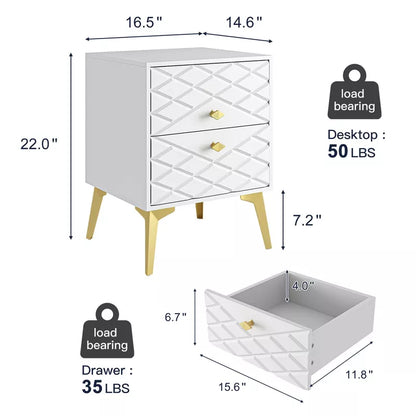 Resenkos 2-Drawer Wood Rectangle Nightstand Set of 2 Side Table Living Room Small End Accent Table, 22" Tall, White