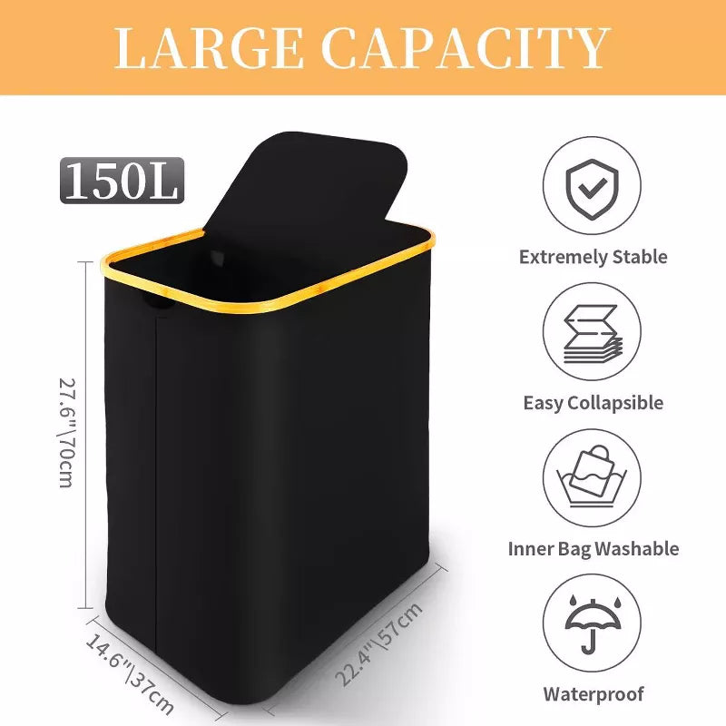 BestParts 150L Waterproof Double Laundry Hamper with Lid, Bamboo Handles & 2 Removable Bags, Blac