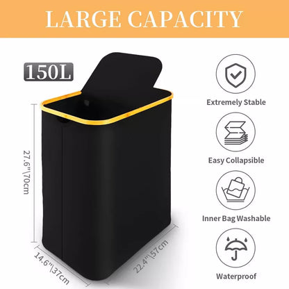 BestParts 150L Waterproof Double Laundry Hamper with Lid, Bamboo Handles & 2 Removable Bags, Blac