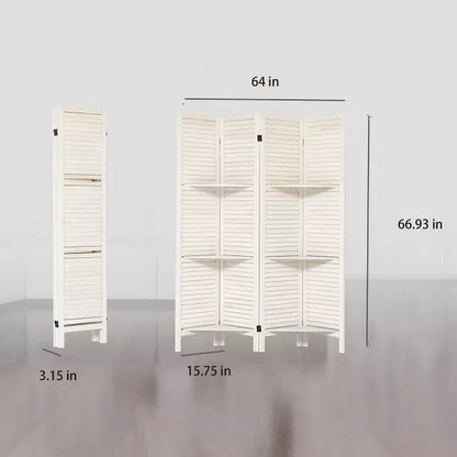 Wooakway 4 Panel Wood Room Divider with Shelves, Folding Privacy Screen, Room Separators Divider Wall