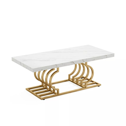 Resenkos Center Coffee Table, Living Room Table,Rectangular Coffee Table, 47" Faux Marble Cocktail Table with Geometric Frame White+Golden