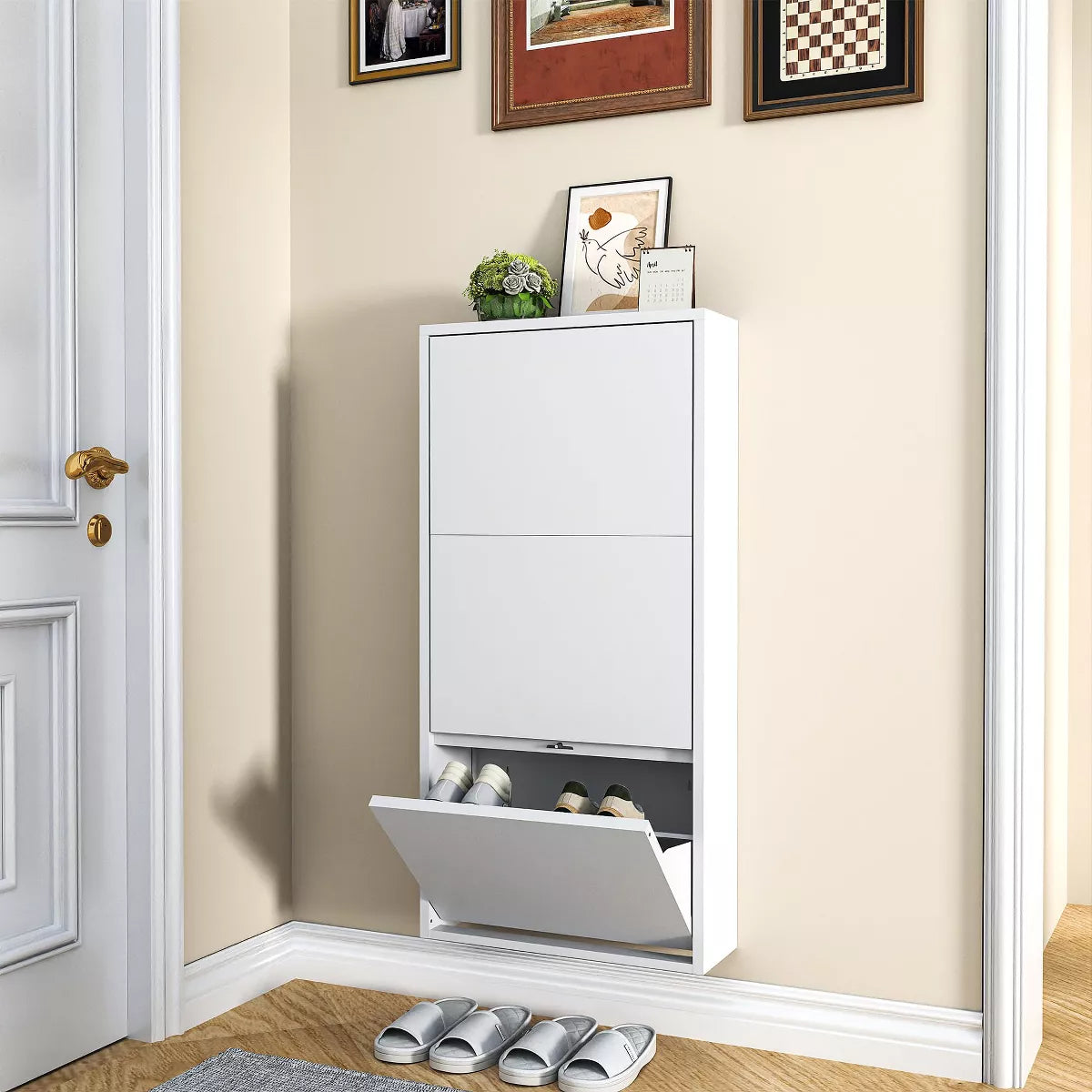 Munora - 3 Flip-Drawer Wall-Mounted Shoe Cabinet - Slim Narrow Shoe Storage for Entryway/Hallway - White