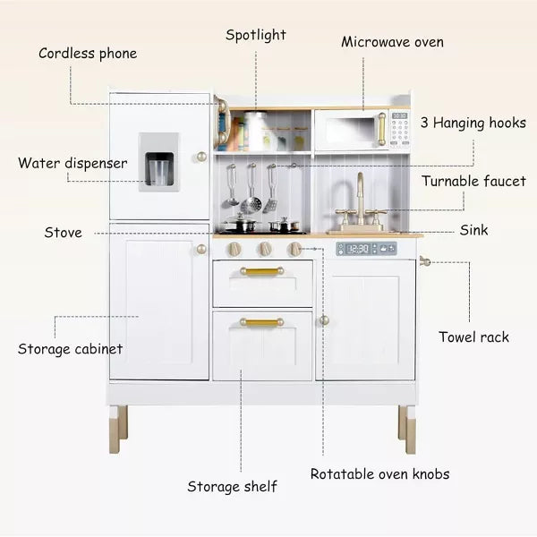 Kinder King Wooden Kids Play Kitchen, Toy Kitchen Playset for Toddler, Realistic Kitchen Sets w/Lights & Sounds, Gift for Boys Girls Age 3+, Gold