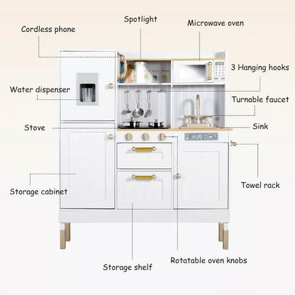 Kinder King Wooden Kids Play Kitchen, Toy Kitchen Playset for Toddler, Realistic Kitchen Sets w/Lights & Sounds, Gift for Boys Girls Age 3+, Gold