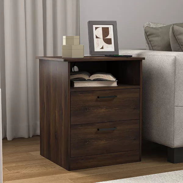 Resenkos Wood Nightstand With Charging Station, Bedside Table With 2 Drawers, Night Stand With Storage For Bedroom,