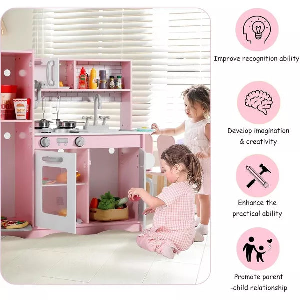 Kinder King Wooden Kids Play Kitchen, Toy Kitchen Playset for Toddler, Pretend Oven, Microwave, Realistic Kitchen Sets for Boys Girls Age 3+