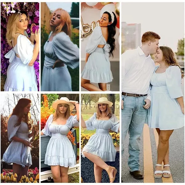 EXLURA Women's Lantern Sleeve Tie Back Summer Dress Ruffled Off Shoulder A-Line Vintage Mini Dress