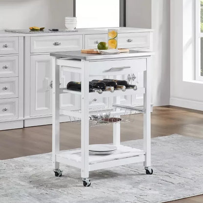 Wooakway 33.5"H Indoor Kitchen Island Trolley Serving Cart with Stainless Steel Marble Top Underneath Drawer Basket Wine Rack Lockable Casters