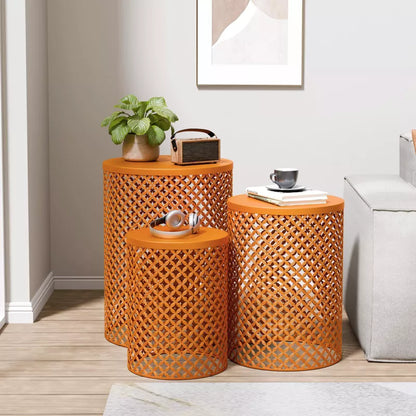 GlasFlength Patio End Tables, 2PCS Modern Cutout Patio Accent Table, Iron Side Table Weather Resistant, Iron Frame Patio Furniture, Orange 14.5"