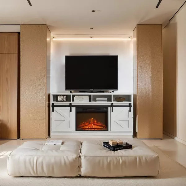 Wooakway 58"L 29.4"H 15.4"D Electric Fireplace TV Stand Console with Barn Door Design Overheating Protection Closed Storage Cabinet for TVs up to 65"
