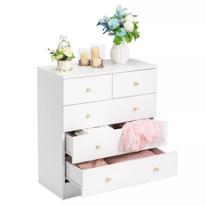 Resenkos 5-drawer Storage Dresser Chest, Wood Chest of Drawers, Modern Chest Organizer for Entryway, Hallway, Office, White