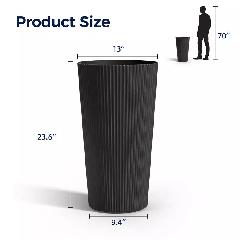 Maggift Planters Tall Planters, 2PCS Indoor Planter Pot Outdoor, Large Flower Pot Cone Striped Plastic Flower Pot , Black 13"*13"*23.6"