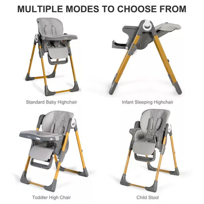 Kinder King Foldable 3 in 1 High Chair for Babies & Toddlers, Converts to Toddler Chair, Adjustable Height, Recline, Double Trays, Easy to Clean, Gray