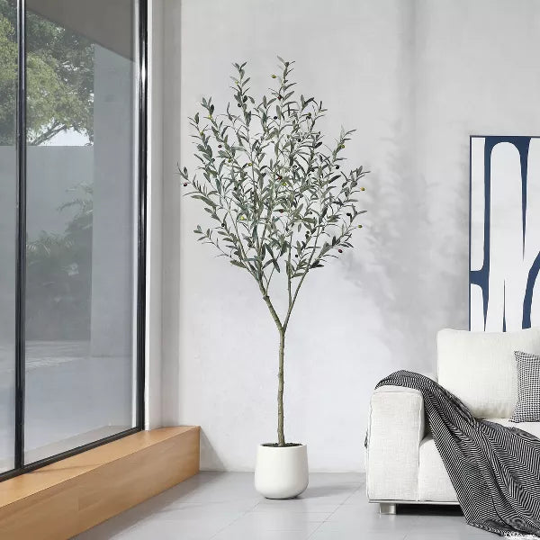 DR.Planzen 5-7FT Faux Olive Tree with Oval White Planter, Pre Potted Fake Greenry Olive Tree for Home Decor