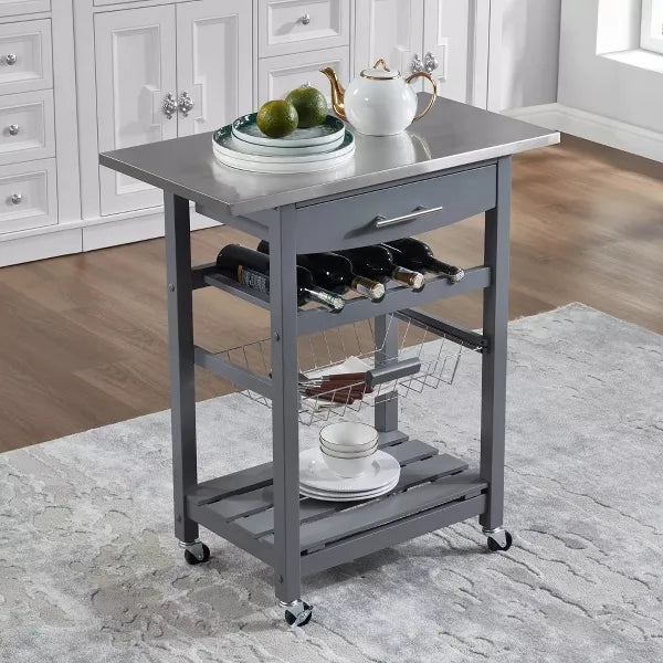 Wooakway 33.5"H Indoor Kitchen Island Trolley Serving Cart with Stainless Steel Marble Top Underneath Drawer Basket Wine Rack Lockable Casters