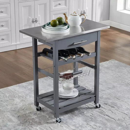 Wooakway 33.5"H Indoor Kitchen Island Trolley Serving Cart with Stainless Steel Marble Top Underneath Drawer Basket Wine Rack Lockable Casters