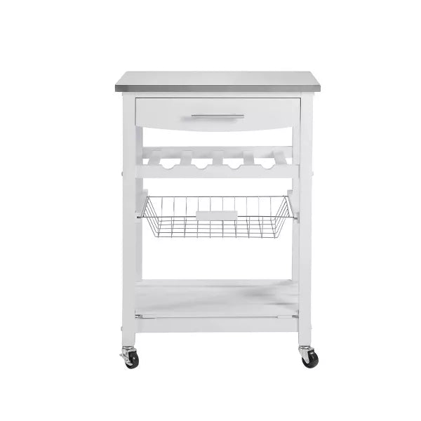 Wooakway 33.5"H Indoor Kitchen Island Trolley Serving Cart with Stainless Steel Marble Top Underneath Drawer Basket Wine Rack Lockable Casters