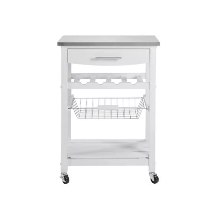 Wooakway 33.5"H Indoor Kitchen Island Trolley Serving Cart with Stainless Steel Marble Top Underneath Drawer Basket Wine Rack Lockable Casters