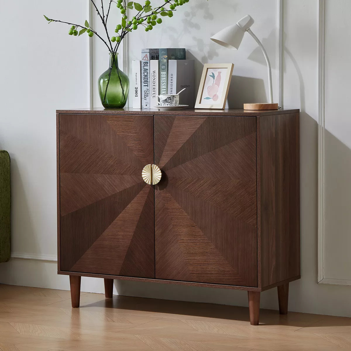 LOVSO 39.4''Kitchen Sideboard,Mid-Century Wood Coffee Bar Buffet,with 2 Doors and ShelvesTable for Kitchen Dining Room,Living Room,Walnut