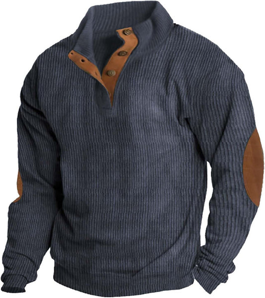 HOYUFEI Mens Corduroy Shirt Lapel Collar Button Up Pullover Mock Neck Long Sleeve Sweaters Polo Sweatshirts with Elbow Patches