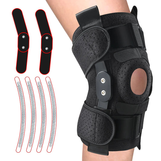 Hinged Knee Brace with Side Stabilizers Adjustable Knee Compression 6 Strap System Knee Pain Support for ACL MCL Men & Women -Black One Size Fits Most